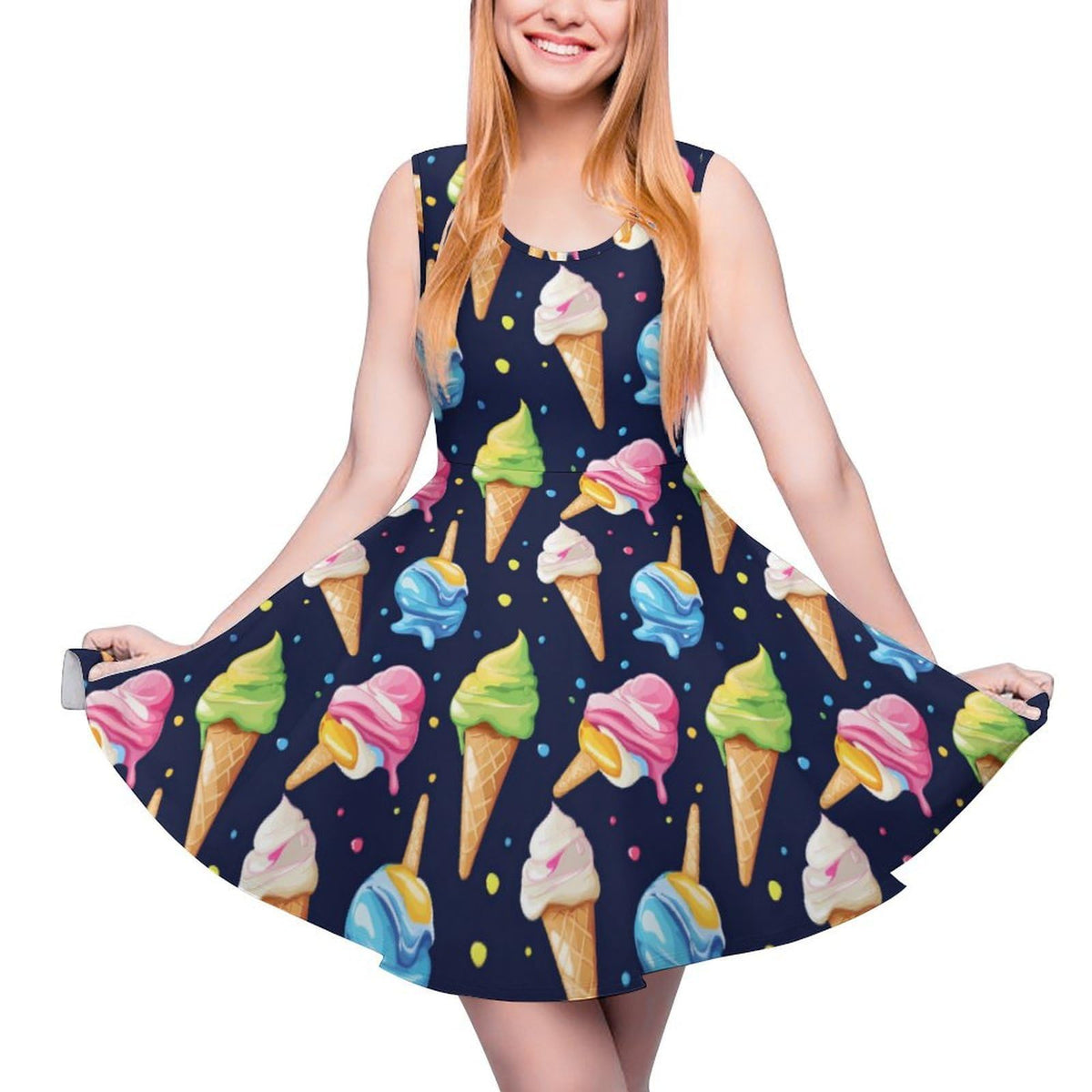 femme motif glace, robe à col rond, robe débardeur sans manches, robe d'été à ourlet volanté