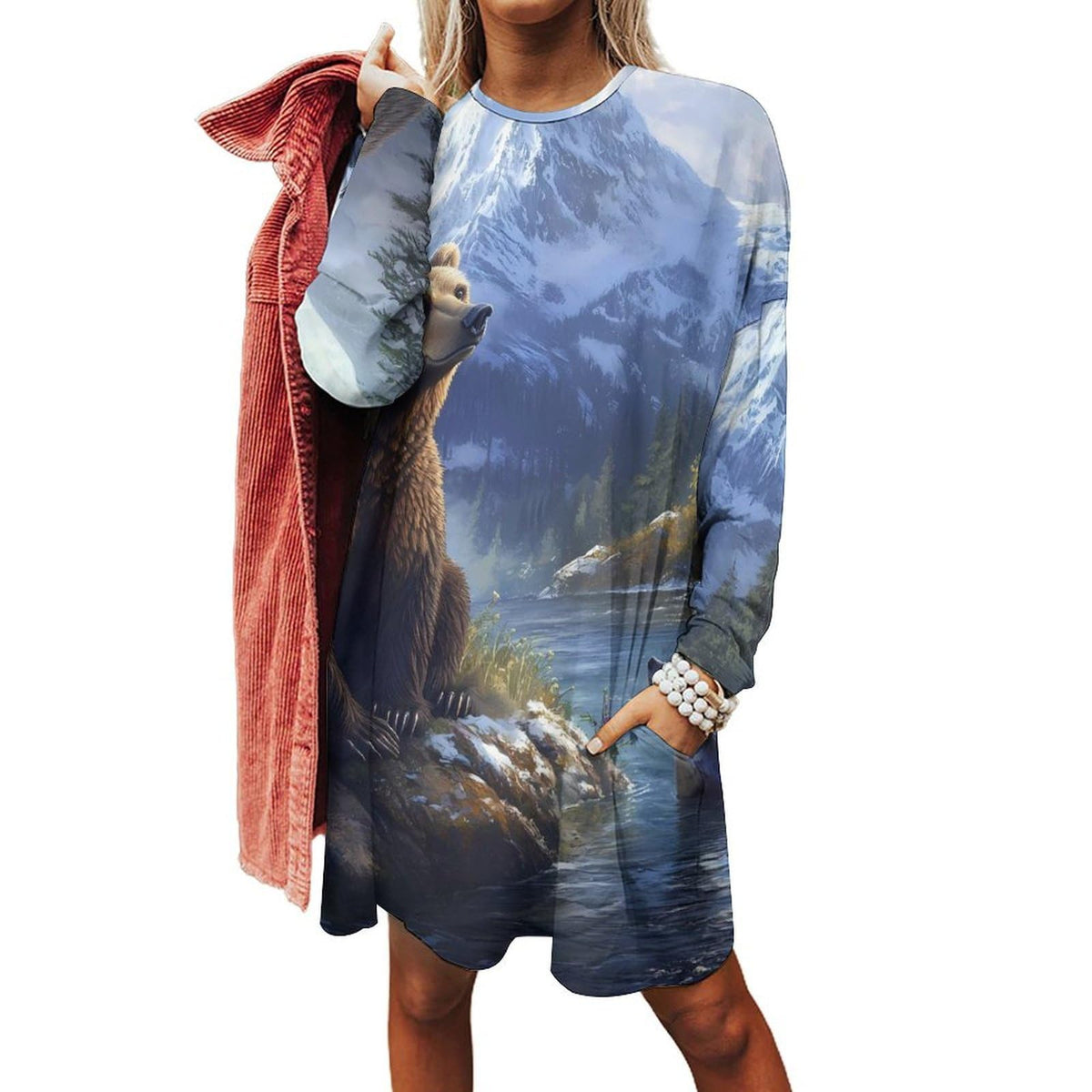 chemise pull oversize à manches longues et poches pour femme, motif Bear Otter Mountain Forests